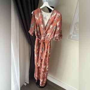 Paisley-Print Midi Wrap Dress in Coral